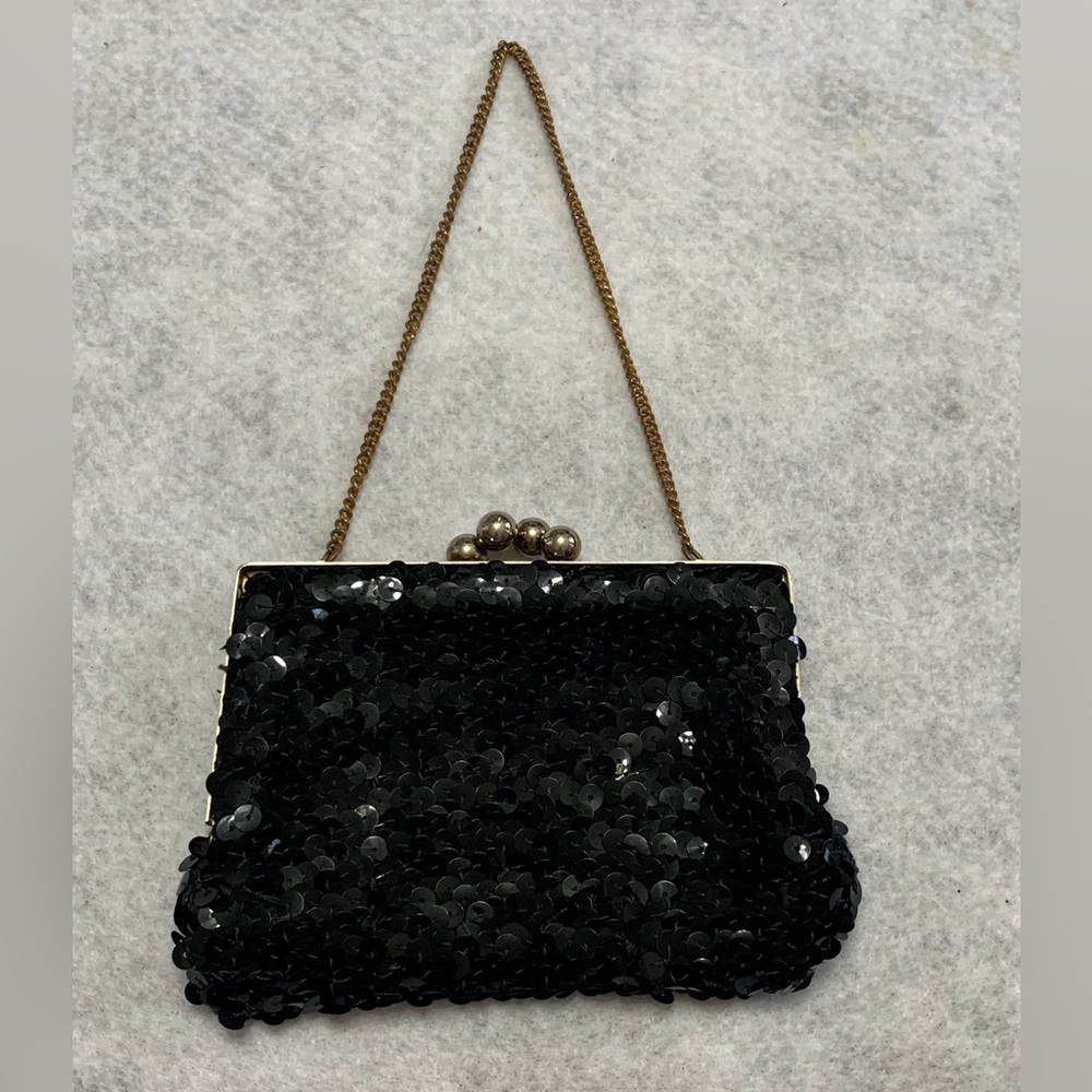 VINTAGE BLACK SEQUINED MINI KISSLOCK PURSE W/ CHAIN HANDLE - Picture 4 of 7